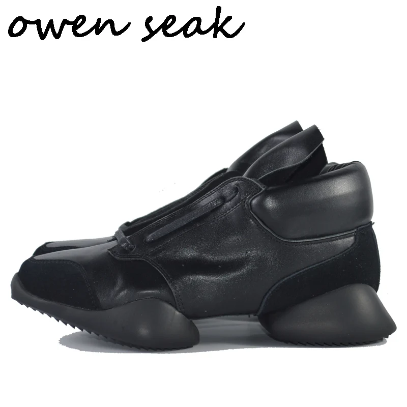 

Owen Seak Men Horseshoe Shoes Lace Up Ankle Luxury Trainers Genuine Leather Boots Casual Brand Flat Black White Big Size Sneaker