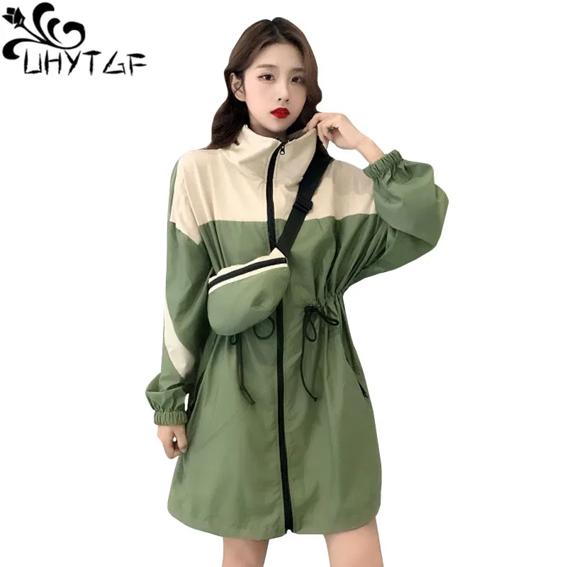 

UHYTGF Oversized Spring trench coat Retro Stitching loose student long coat woman Fashion zipper elegant Female windbreaker 1381