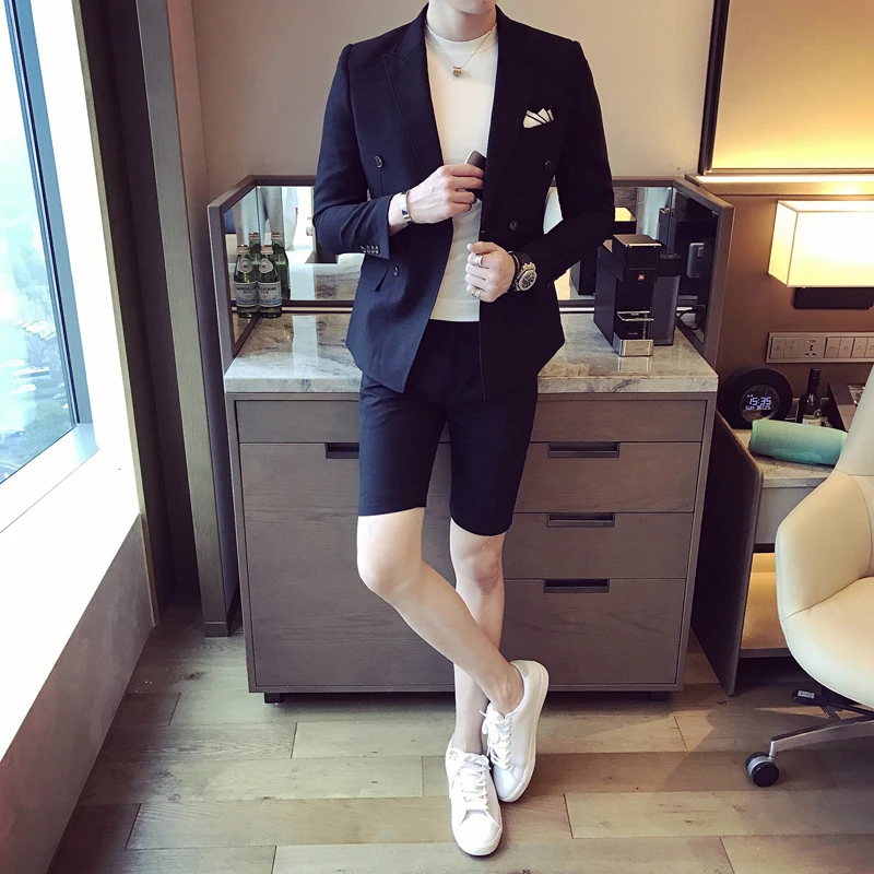 New Summer Men Suits With Short Pants 2017 Stylish Double Breasted