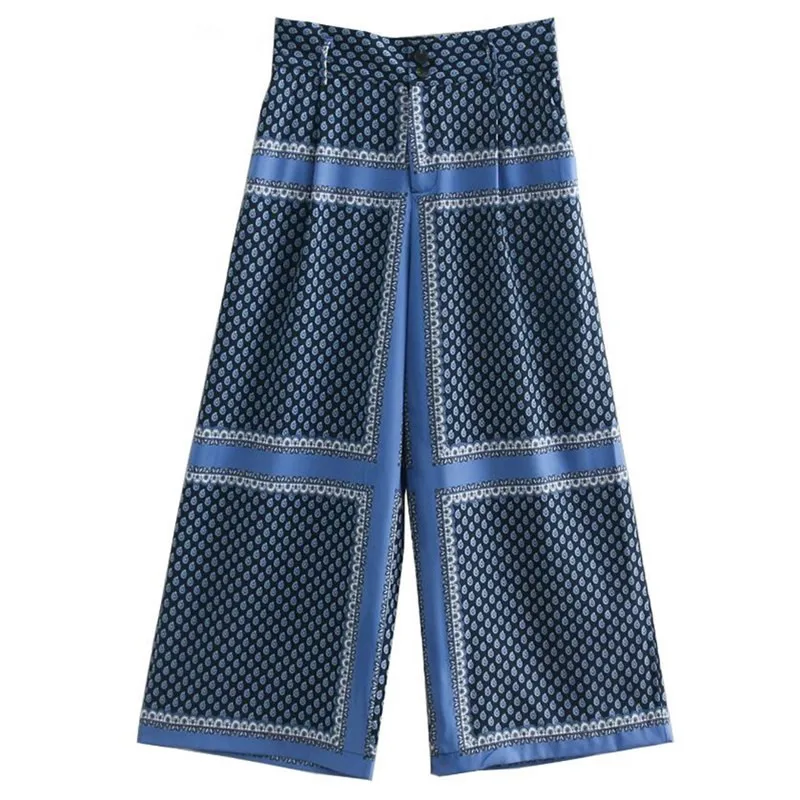 2019 Ethnic Blue Geometric Plaid Print Wide Leg Pants Women Vintage Full Length Trousers Casual loose Long Pants