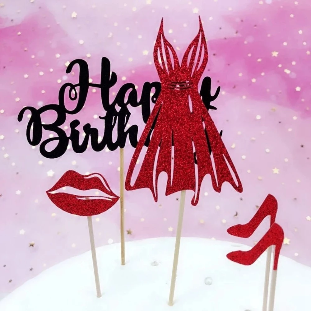 

Bling Happy Birthday High Heel Lips Dress Cake Topper Cupcake Party Decoration Sexy Queen Party Birthday Party Decor Supplies