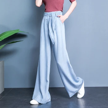 

Spring Summer 2018 Womens High Waisted Sash Wide Leg Pleated Denim Trousers , Fall Female Woman Slim Loose Fashion Jeans Pants
