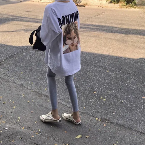 

Letter Character Printed White Oversize Loose Long Design 2019 Summer Spring Short Sleeve Female Women T-shirts