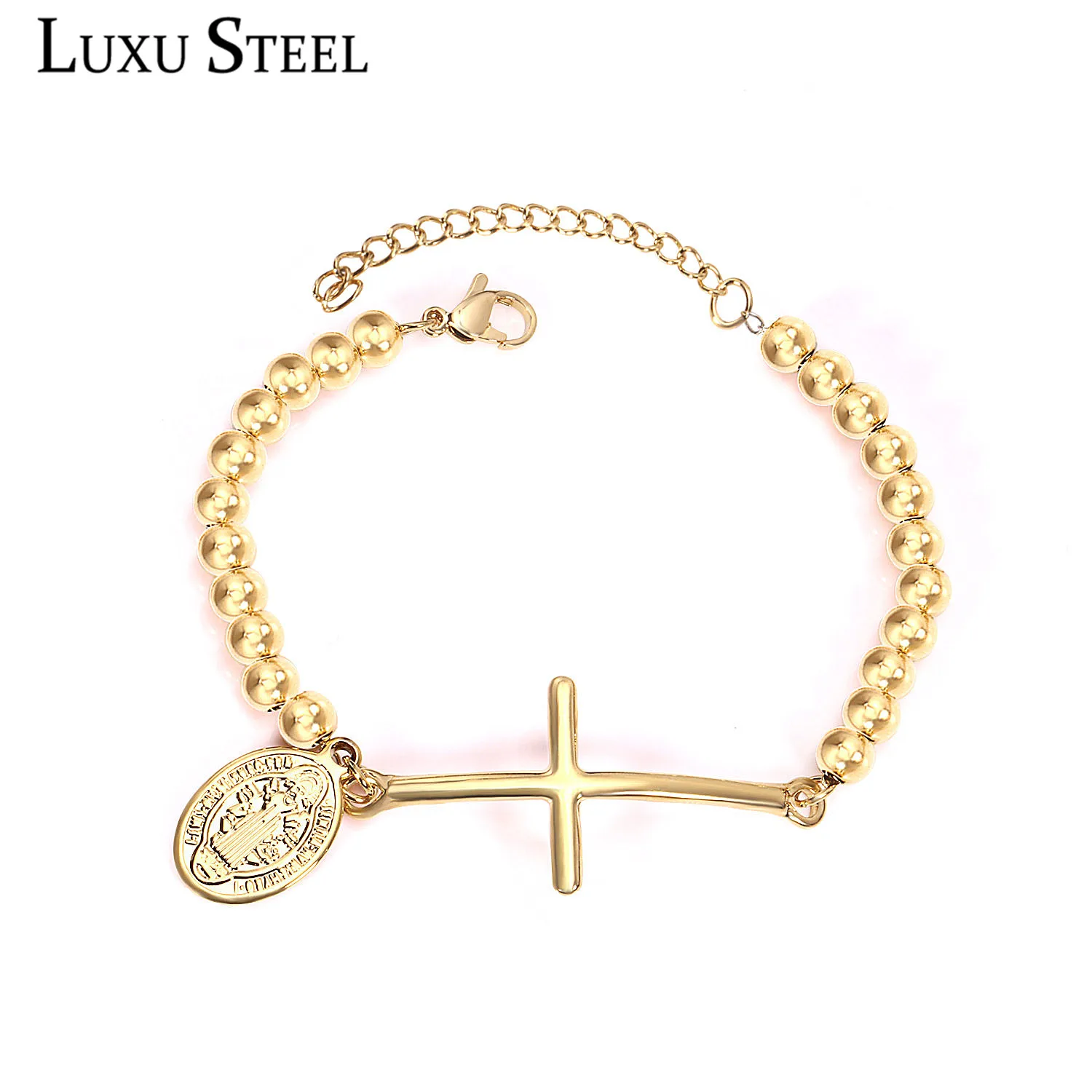 

LUXUSTEEL Round Gold Beaded Bracelets Stainless Steel Cross Jesus Pendants Adjustable Lobster Clasp Chain Bracelets For Women