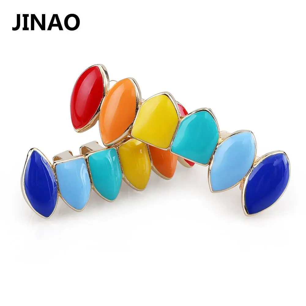 JINAO, хип-хоп, радужные, золотые, серебряные зубные грили, верхние и нижние грили, зубные грили, косплей, вечерние, в стиле панк, украшения для тела, подарки - Окраска металла: Gold