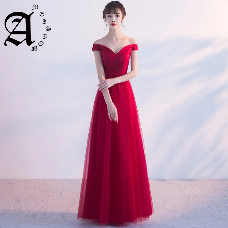 

Spring Summer New Fashion 2019 Evening Dresses Organza Sexy Off the Shoulder Long Slim Red Prom Party Dress a Line Floor Length