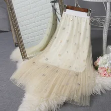Для женщин сетка пряжи юбка Весенняя Новинка корейской вышивки Плиссированные газовая юбка фея юбка мода звезды