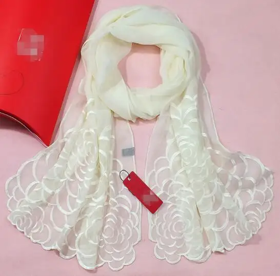 

New Style Floral Embroidery 100% silk Scarf and Shawl for Women 175x52cm Soft Camellia Flower scarf