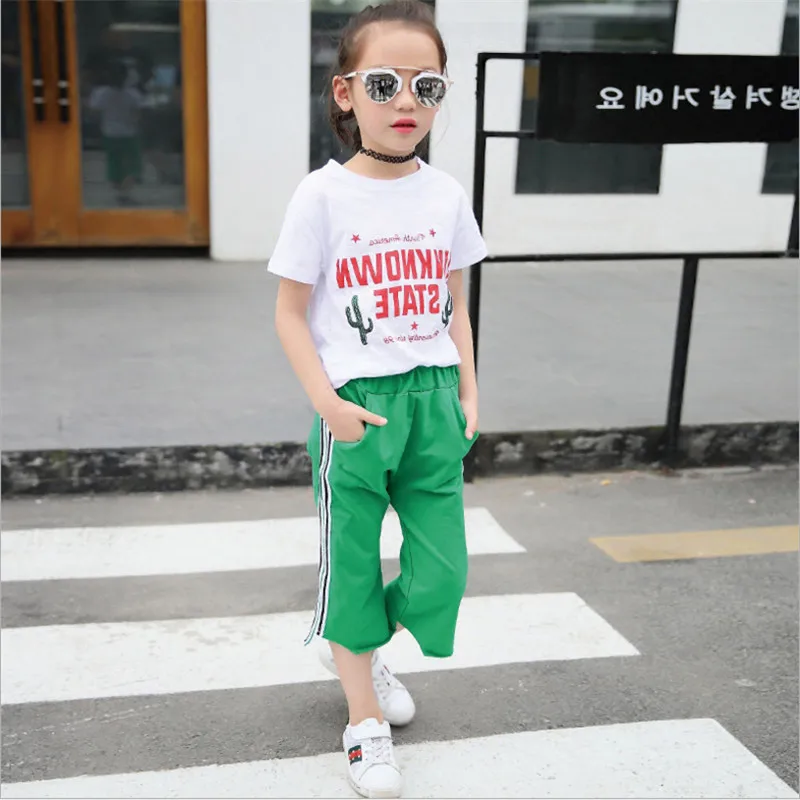 

Girls Summer Clothing Set Cactus Letters Printed 100% Cotton Short Sleeve Two Pieces Suit Fashion O-neck 7/10 Pants Sets 110-160