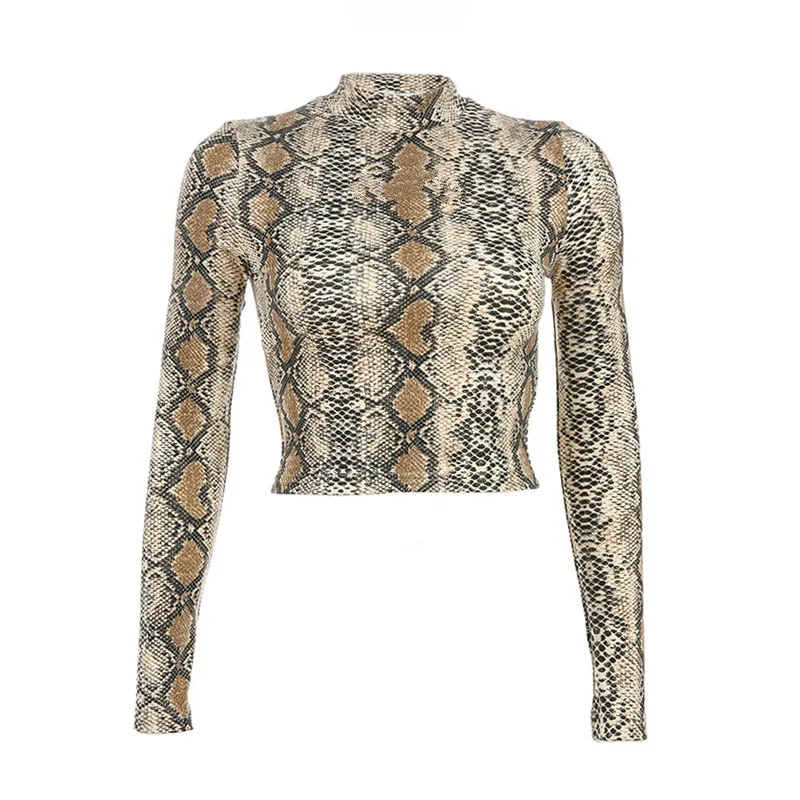 

Autumn Turtleneck Long Sleeve Crop Top Womens Sexy Snake T Shirt Slim Animal Print Tunic Top Ladies Streetwear Tee Shirt Femme