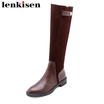 

Lenkisen patchwork round toe natural leather zipper high quality low heels high fashion streetwear women knee-high boots L7f9