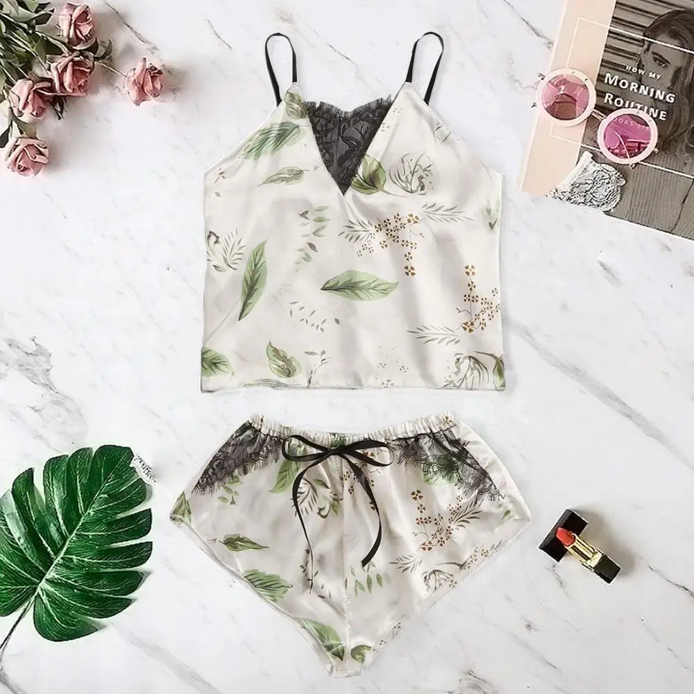 

2019 Summer Pyjamas Women Sexy Sleepwear Satin Silk Bowknot Printing Camisole Shorts Set Pajamas Lingerie pyjama femme Modis BB4