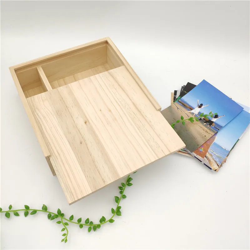 

Sliding Lid Wooden Box With Two Grids For Baby Photo Wedding Photo USB drive Collection Wooden Organizer Box Photography Gift