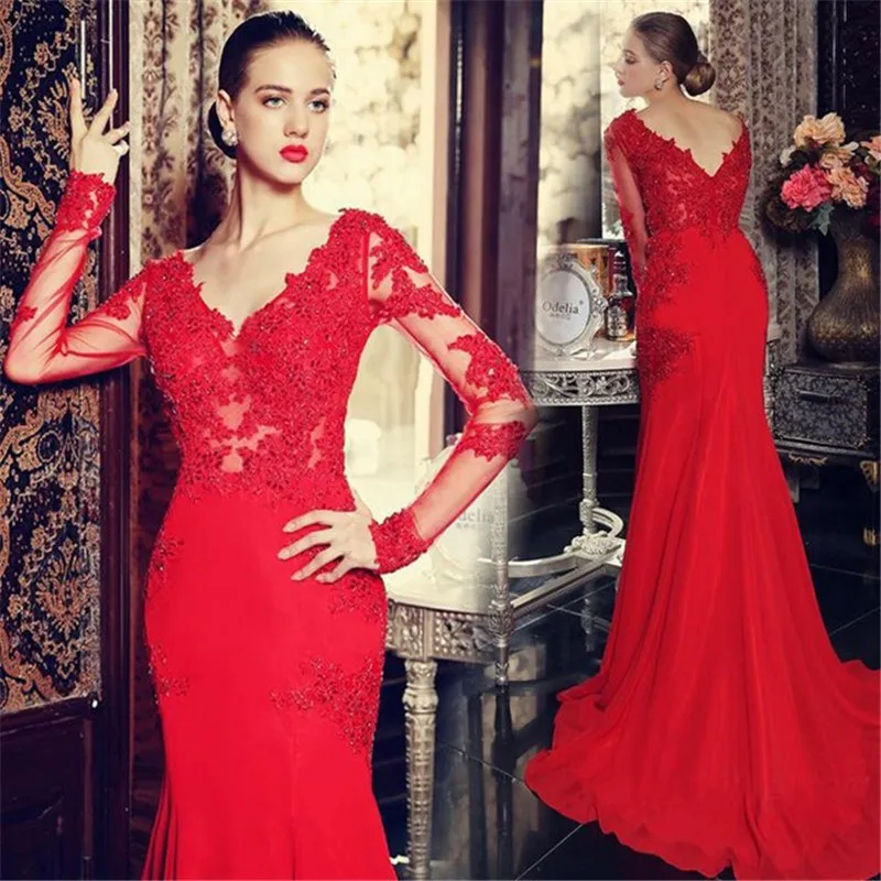 Robe De Soiree 2017 Red Mermaid Prom font b Dresses b font LOng Sleeve Chiffon font