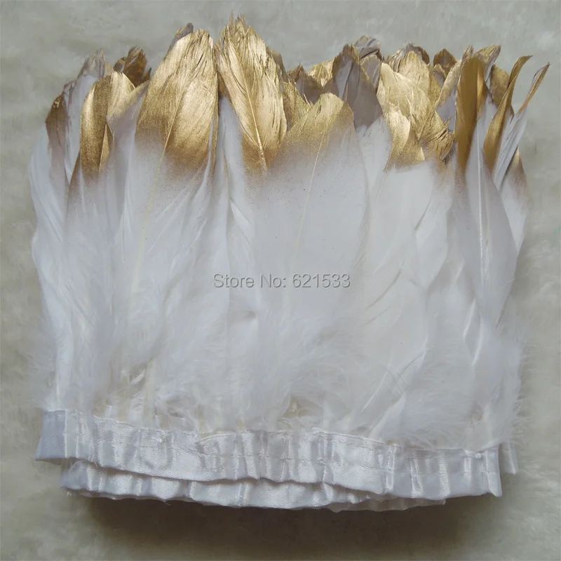 

Gold Dipped Feathers,Gold painted White Goose Satinettes Feathers Trim Fringe for Dress Skirt Party Clothing Decoration ,2Yards,