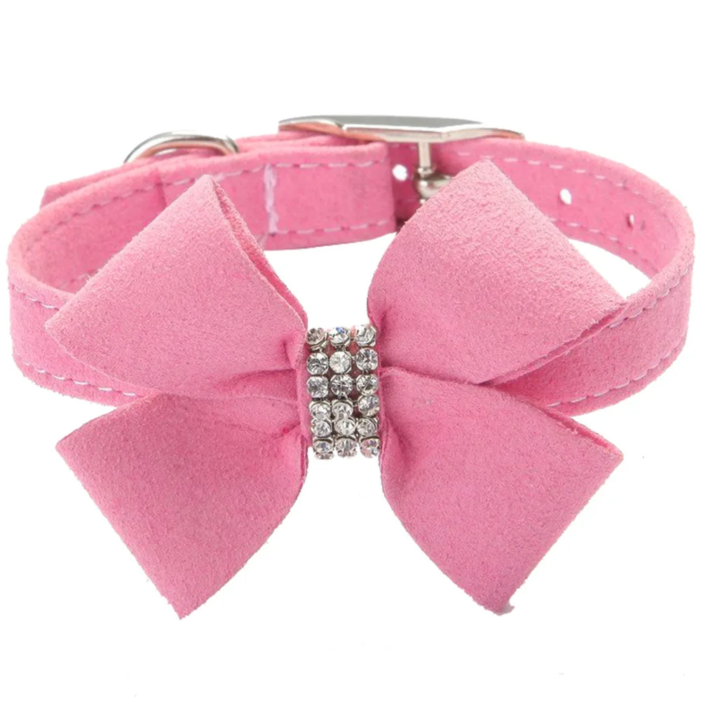 Soft Pink Velvet Dog Collar Bow Rhinestone Adjustable collars for Pet Cat Small dogsin Collars