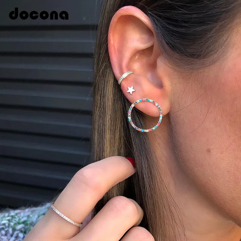 

Docona Colorful Crystal Circle Star Studs Earrings Set for Women Silver Geometric Stud Earring Party Jewelry Brincos 4319