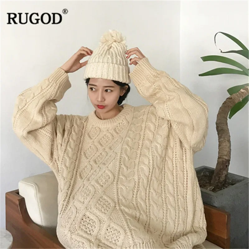 RUGOD Fashion Oversized Woman Pullovers Solid Knitted Loose O-Neck Women Sweater Thick Winter Clothes Jersey Mujer Invierno 2020 | Женская