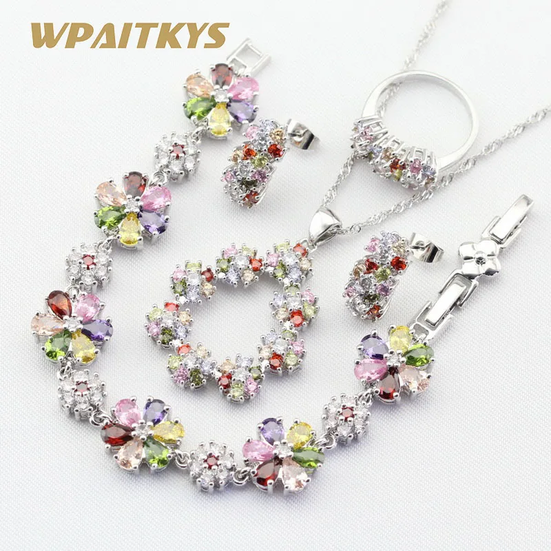

Multicolor White Cubic Zirconia Silver Color Jewelry Sets For Women Necklace Pendant Bracelets Earrings Rings Free Gift Box