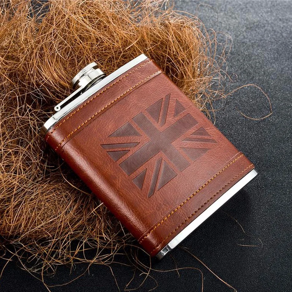 7OZ UK style stainless steel leather wrapped hip flask with free funnel