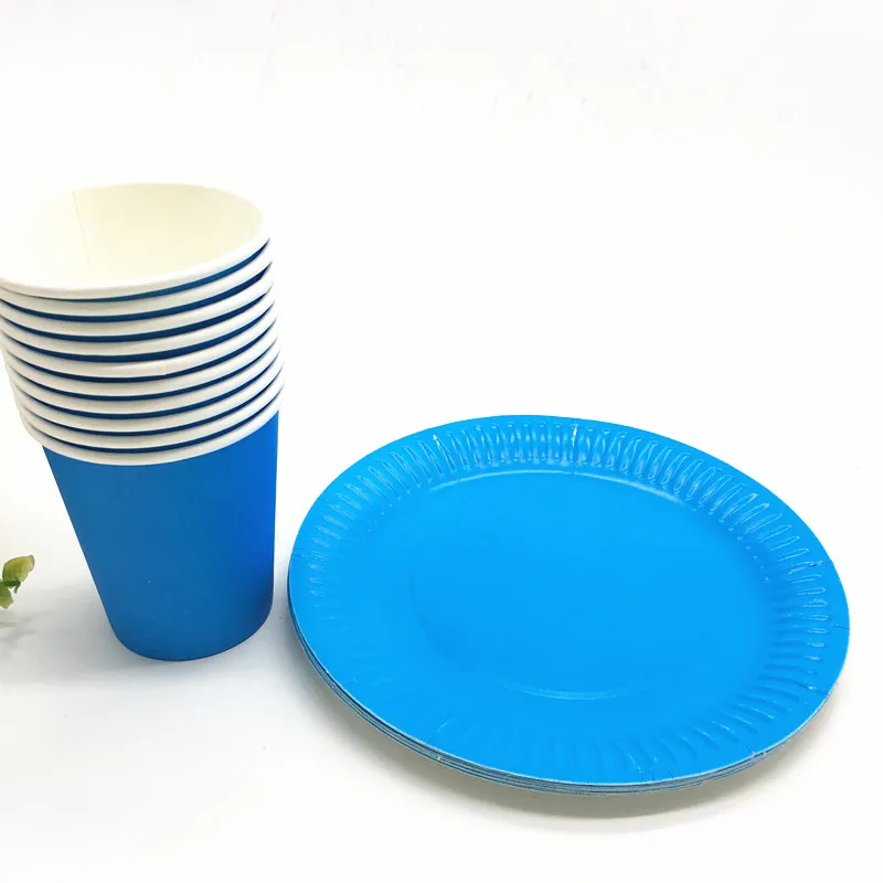 

20pcs/lot blue color plates cups baby shower party supplies blue theme disposable plates cups plain color blue cups dishes