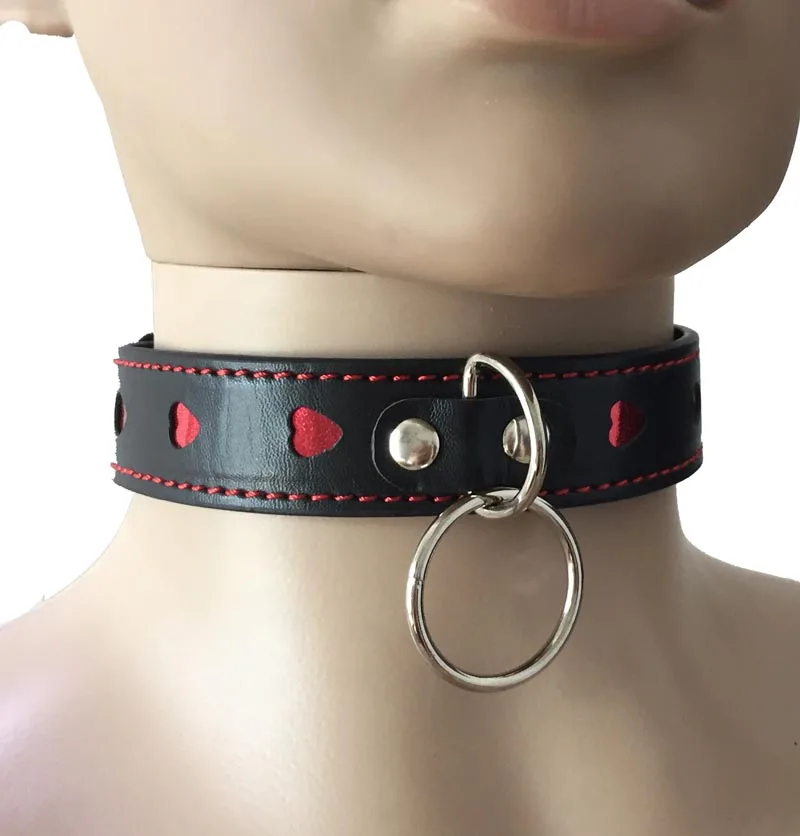 PU Leather Heart Engrave Neck Choker Collar with Metal Rings Punk Neck Brace Puppy Role Play