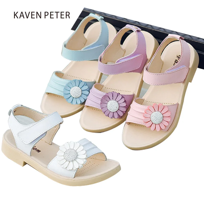 

2018 leather sandals girl summer shoes genuine cow leather children beach sandals big flower with diamond kid sandals size 26-37