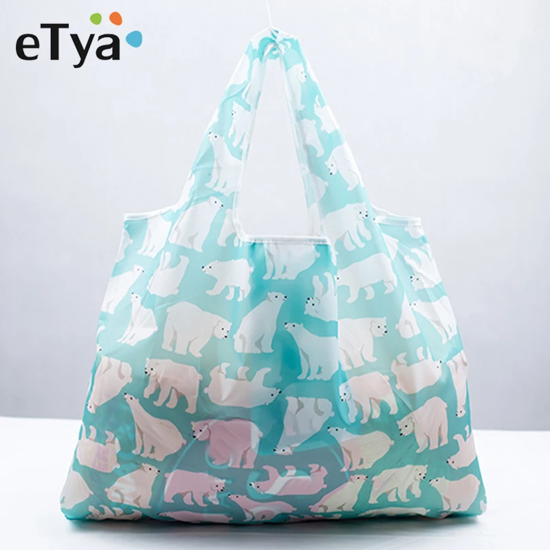 

eTya New Lady Foldable Recycle Shopping Bag Waterproof Eco Reusable Shopping Tote Bag Cartoon Floral Fruit Grocery Pouch Handbag