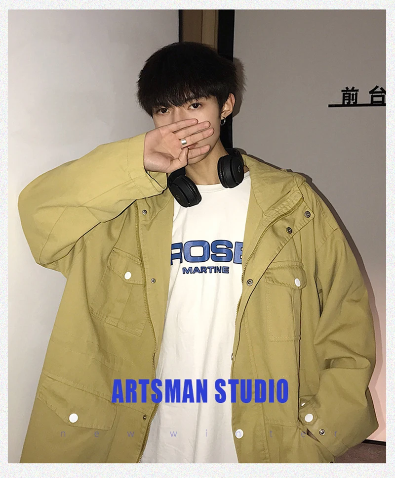 Mens Long Hooded Trench Coat Casual Spring Windbreaker Coat Men Korean Overcoat Hip Hop   (1)