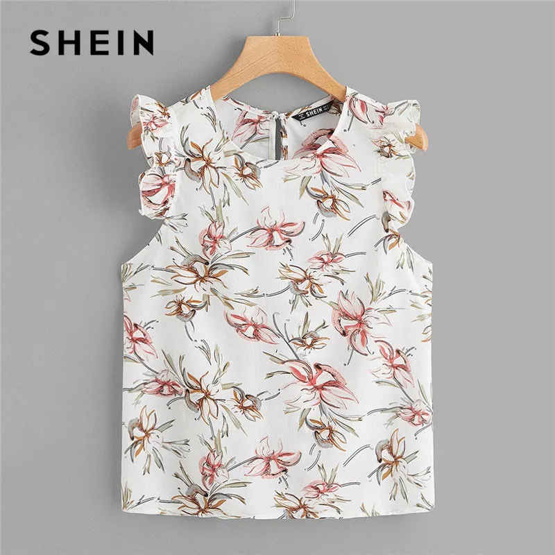 

SHEIN White Botanical Floral Print Ruffle Shoulder Ladies Top 2019 Summer Sleeveless Vacation Casual Women Tops And Blouses