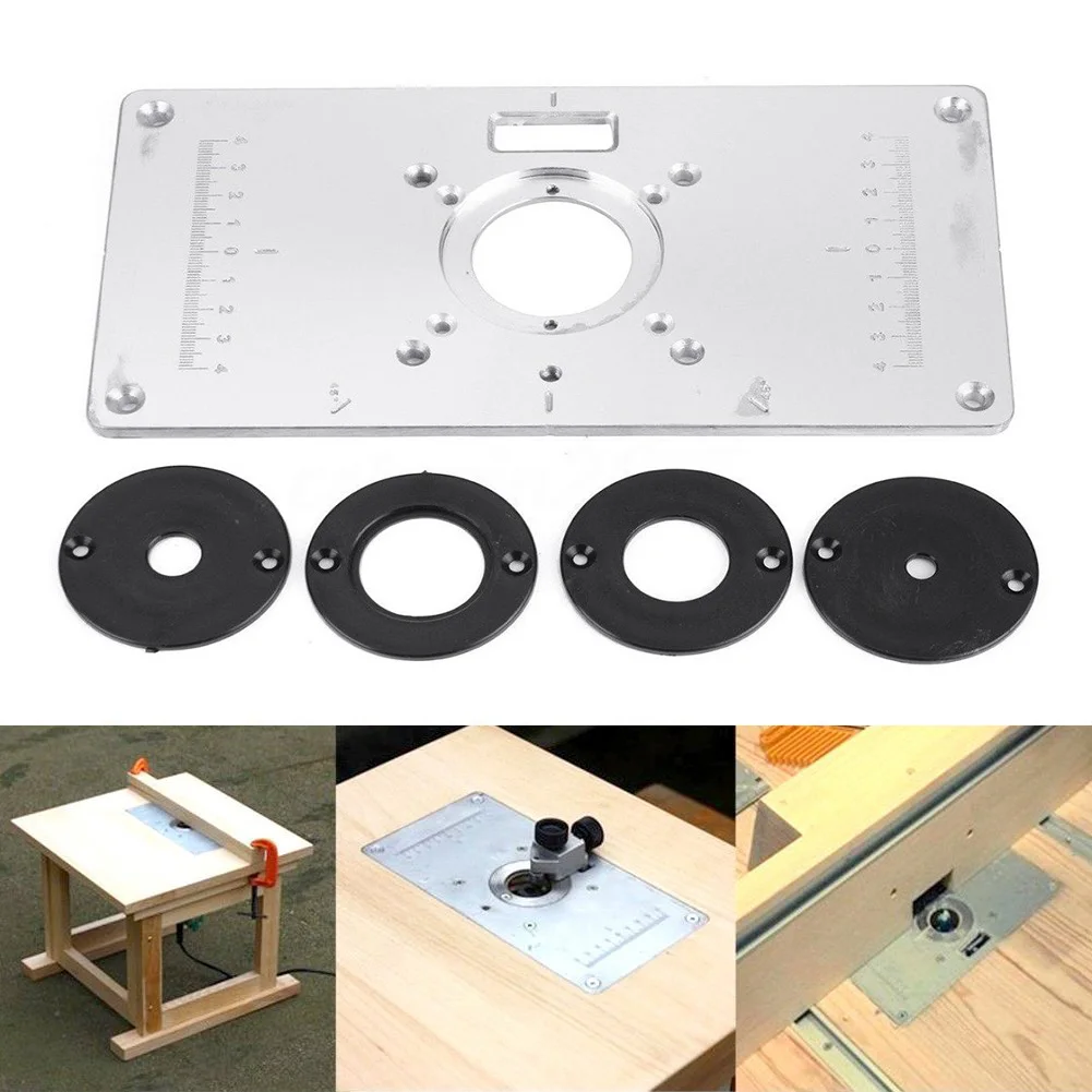 Aluminum Router Table Insert Plate Wood Router Trimmer with 4Pcs Insert Rings Screws for Woodworking Benches Engraving Machine Aluminum Router Table Insert Plate Wood Router Trimmer with 4Pcs Insert Rings Screws for Woodworking Benches Engraving Machine