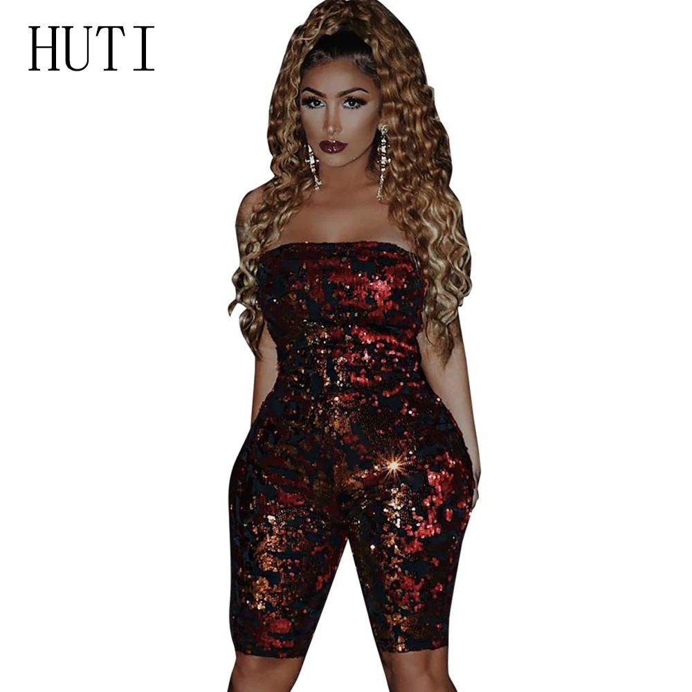 HUTI Strapless Sequins Sexy Playsuits and Jumpsuits Fashion Off Shoulder Skinny Romper Women Backless Women Short Overalls