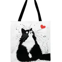 Женская сумка на плечо с черно-белым принтом кота, женская сумка-тоут, Повседневная Складная сумка для покупок, уличная пляжная сумка, Повседневная ручная сумка