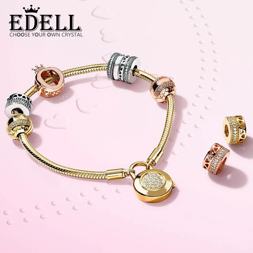 

EDELL 100% 925 Sterling Silver Shine Crown O Charm Rose Hearts of Spacer Charm LOGO HEARTS CLIP MOMENTS SMOOTH BRACELET SET