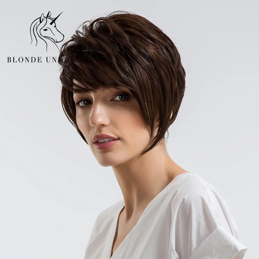 

BLONDE UNICORN Short Hair Wig With Bangs 10 Inch Multi-layers Pixie Cut Wigs 6 Colors Available 30% Human Hair OL Style Fluffy