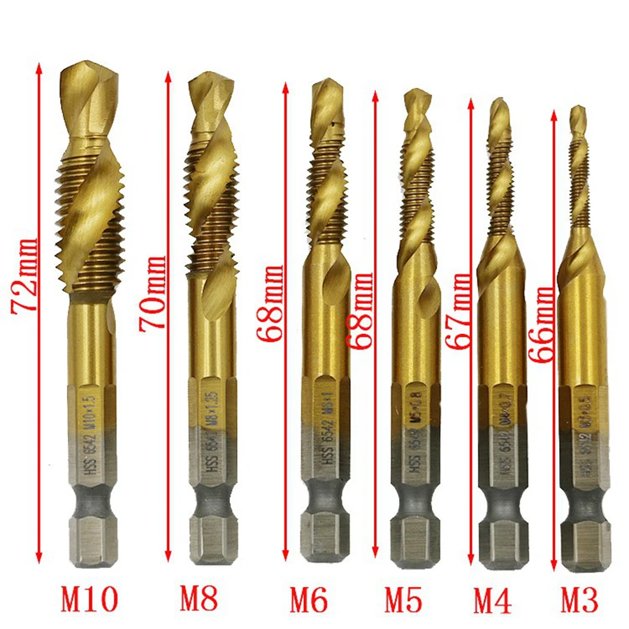 6pcs Titanium M2 Hand Tap Drill Bits Hex Shank HSS Screw Spiral Point Thread Metric Plug M3 M4 M5 M6 M8 M10 fit Metal Steel