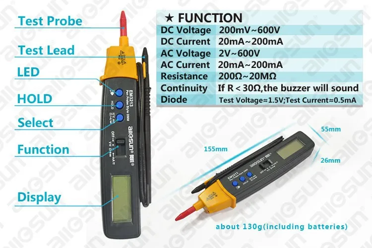 ALL-SUN EM3213 Auto Range Pen Style Digital Multimeter DMM AC DC Volt Amp Ohm Integrated Automotive Tester