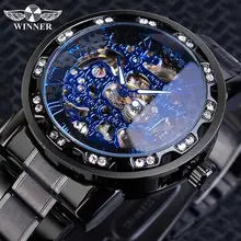 Winner классические синие мужские механические часы римский черный браслет из нержавеющей стали Стразы Скелет рука ветер бизнес часы