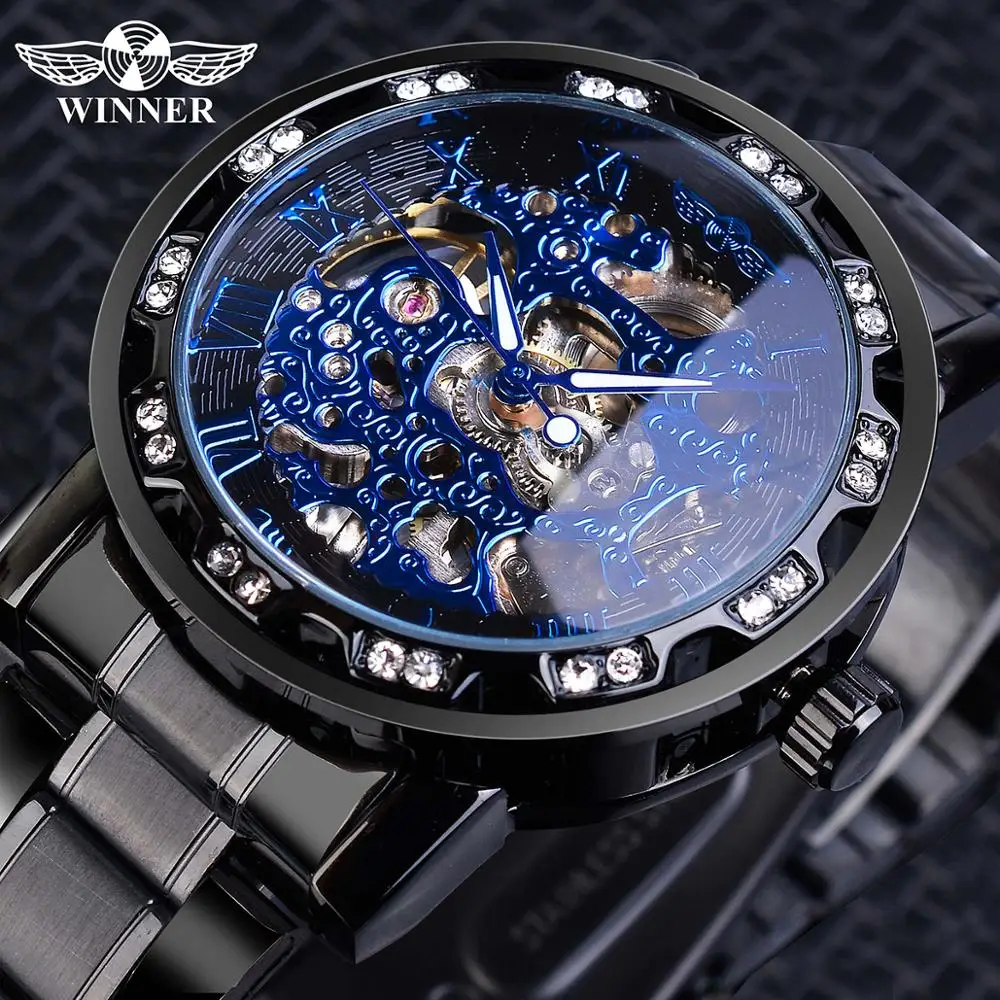 Banda de Aço Relógio de Negócios Vencedor Clássico Azul Masculino Relógios Mecânicos Roman Preto Inoxidável Strass Esqueleto Mão Vento