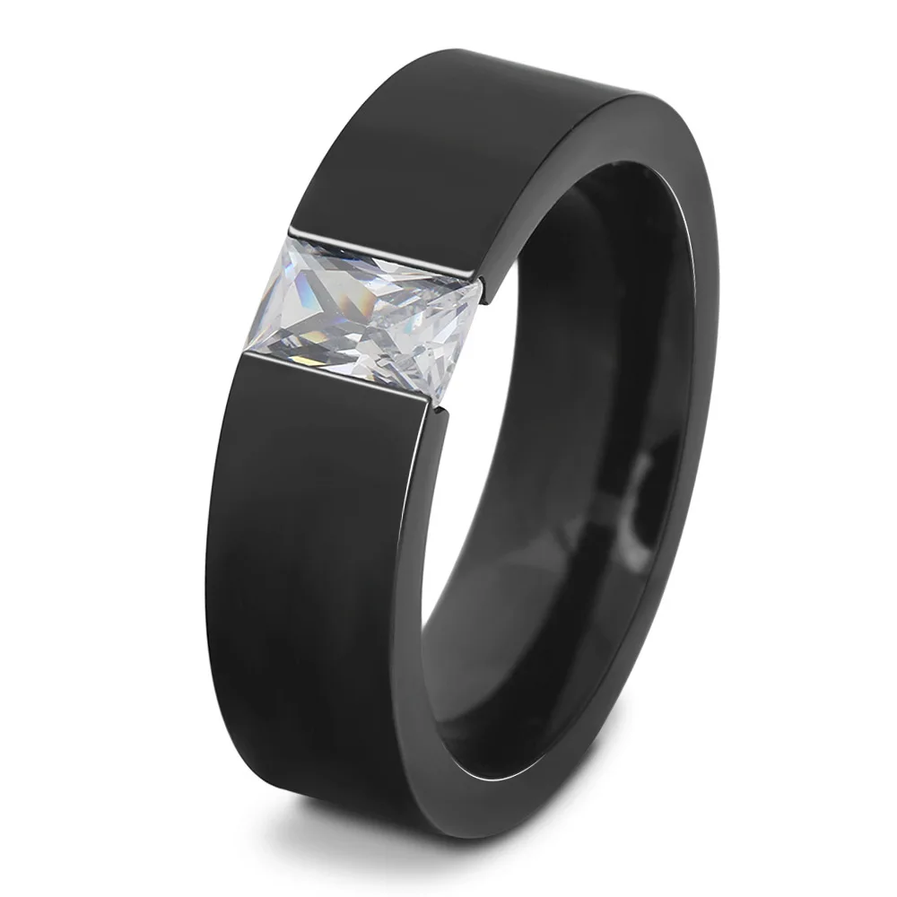 Fashion Simple Cubic Zirconia Unisex Ring Black Gold Color Titanium Stainless Steel Wedding