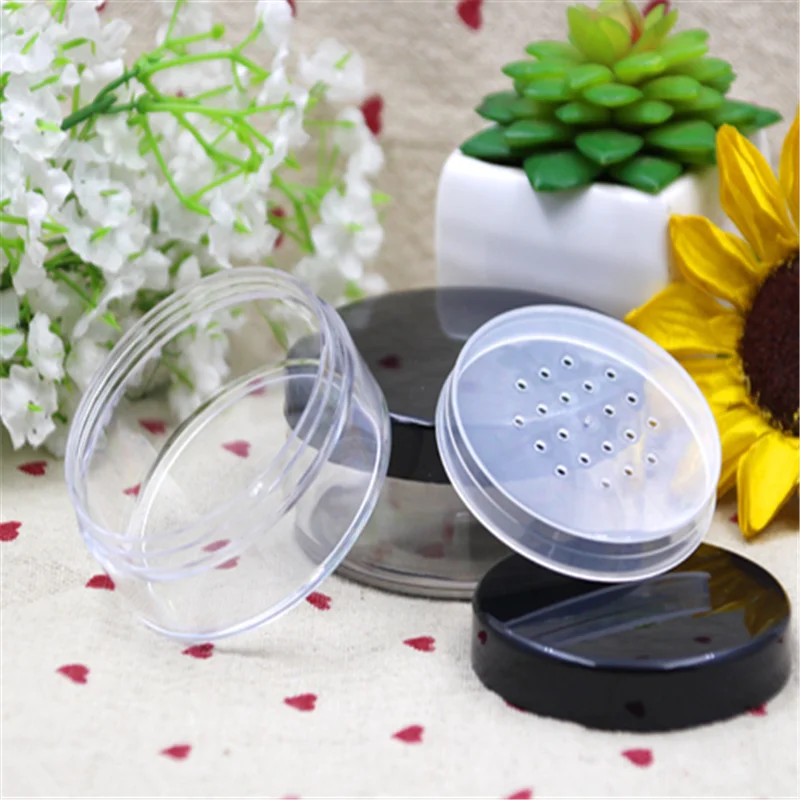 

30g 50g Plastic Empty Loose Powder Pot with Sieve Cosmetic Makeup Jar Container Handheld Portable Sifter with Black Cap