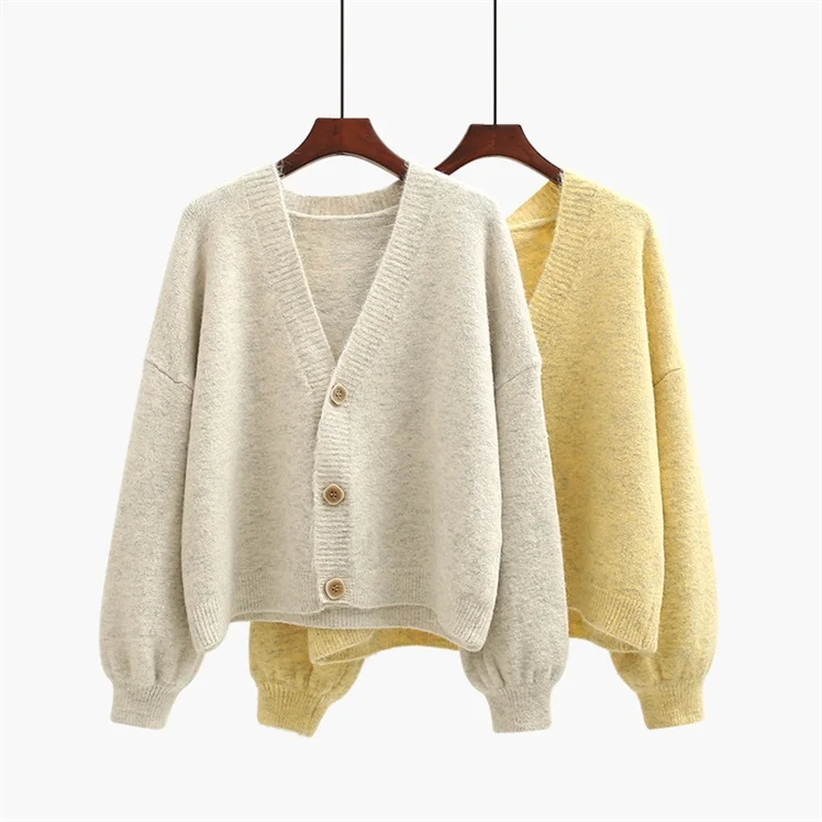 Neploe Knitted Solid Women Sweater Summer New V-Neck Lantern Sleeve Tops Loose Single Breasted Female Sweater 45100