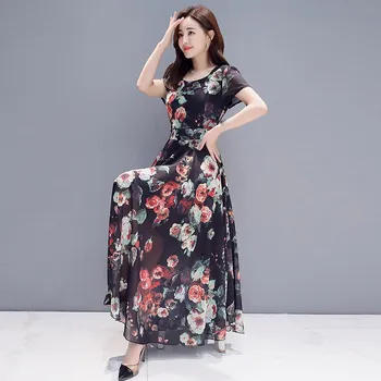 

Fashion 2019 Summer Korean Women Short Sleeve Slim Floral Print Dress Long Chiffon Dresses Casual Boho Party Dress