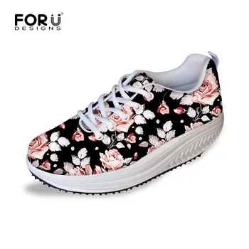 

Breathable Spring Autumn Women's Swing Shoes Black Flower Rocking Shoes Comfort Slimming Platform Wedges Shoes tenis feminino