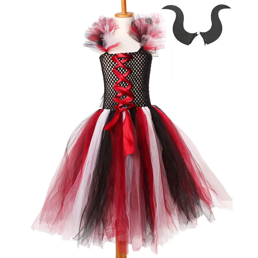 Black Wine Kids Halloween Purim Costume Evil Queen Inspired Girls Handmade Tutu Dress with Horns Children Scary Bow Gown (10)