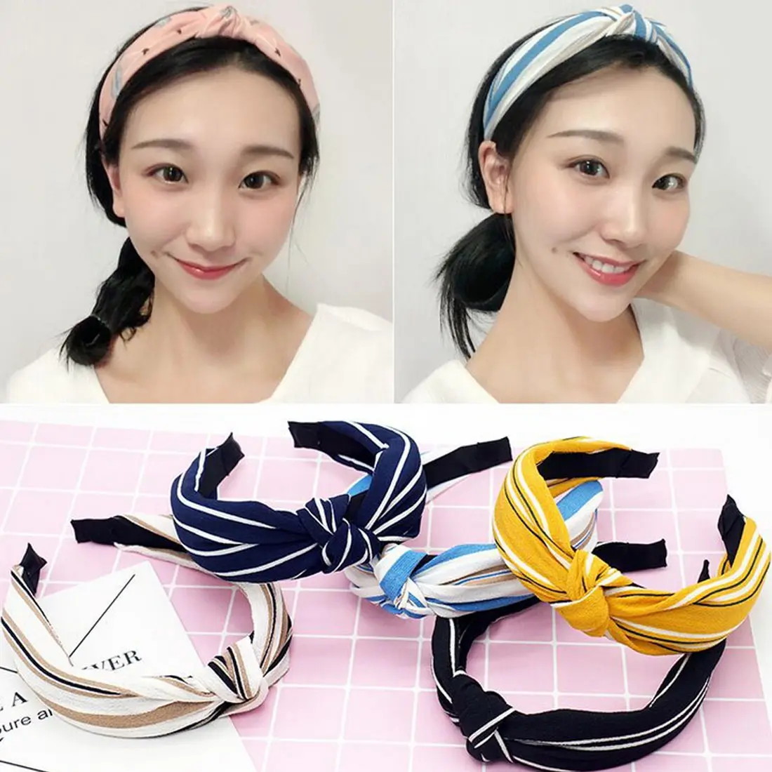 

Woman Knotted Turban Hair Accessories for Girls Turban Elastic Hairband Head Wrap Striped Hair Scrunchies