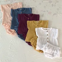 Летние льняные топы для новорожденных девочек, Короткие штаны с оборками, одежда, комплекты одежды для детей, roupas menina