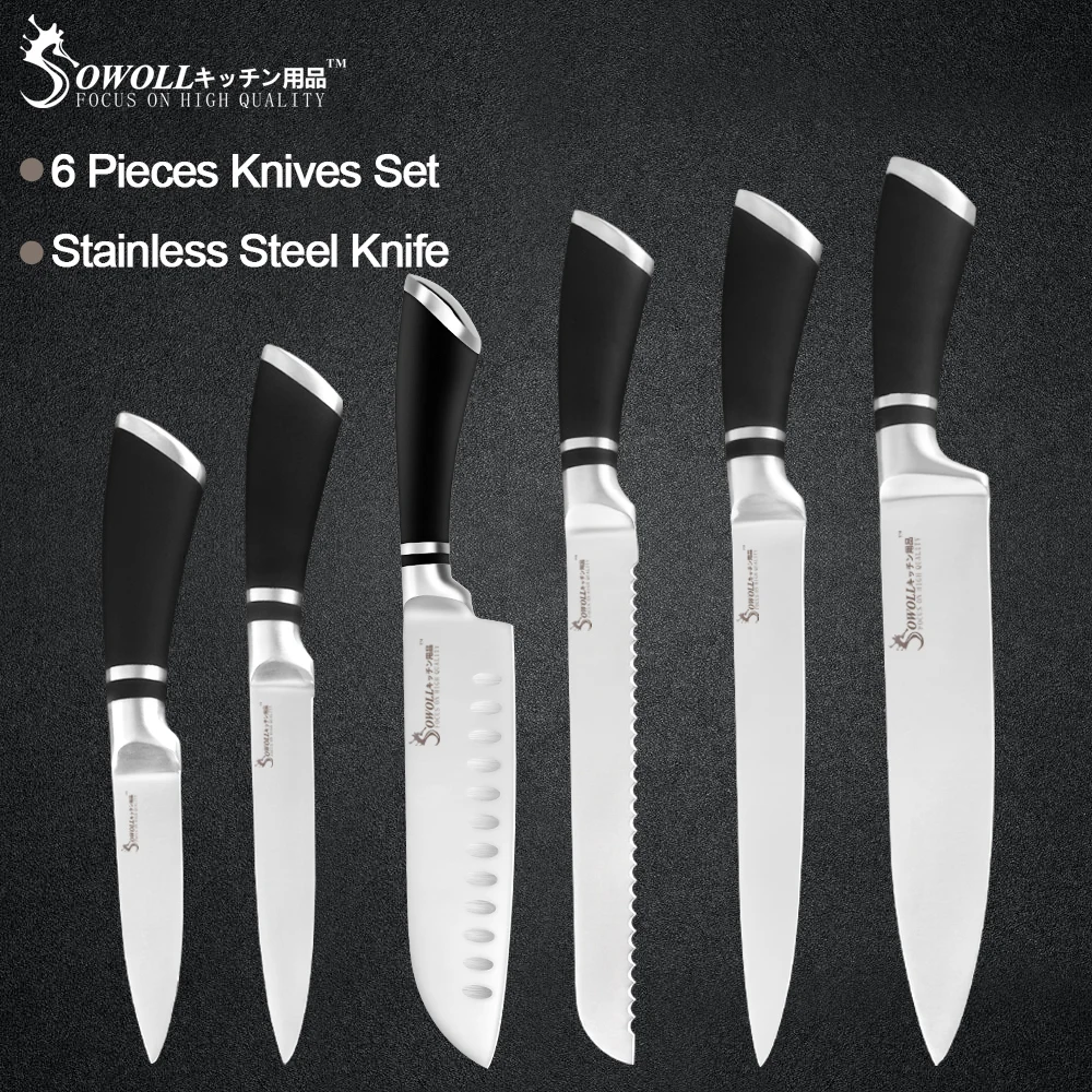 

Sowoll 6pcs Stainless Steel Kitchen Tool Set Bend Comfortable Handle Chef Slicing Bread Santoku Utility Paring Knife Home Gadget