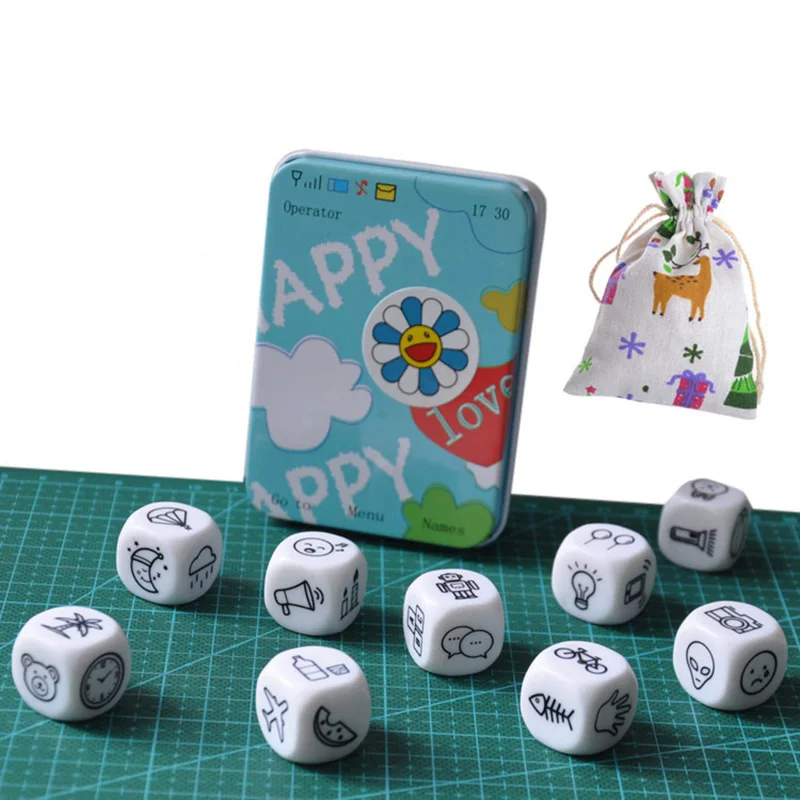 Story Dice Puzzle Board Game Telling Story Metal Boxes Family/Party/Friends Parents with Children Funny English Game 