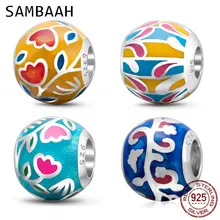Sambaah высокого класса яркий эмалированный с цветами Подвески 925 пробы серебро круглые шариковые бусины для Pandora Весна DIY браслет